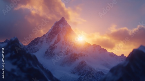 Majestic mountain peak illuminated by sunrise, surrounded by dramatic clouds and snow.