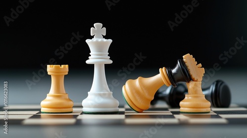 Chess pieces on a chessboard with a focus on a white queen, a rook, and a black king captured in a dramatic scene, implying a checkmate situation. photo