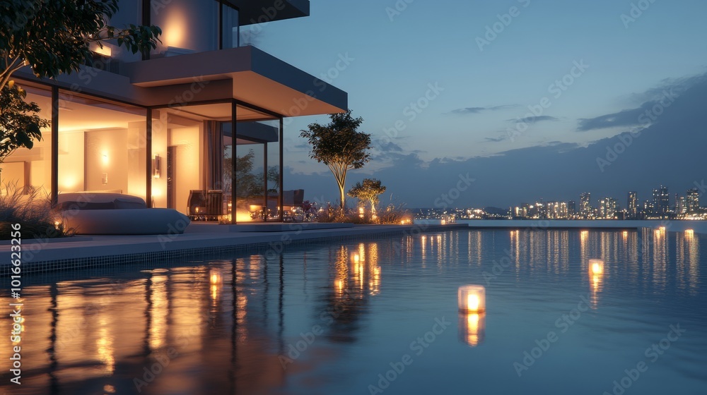 Luxurious holiday home with a lit-up swimming pool, outdoor lights glowing and reflecting on the water. Luxurious holiday home with a lit-up swimming pool, outdoor lights glowing and reflecting on the water.