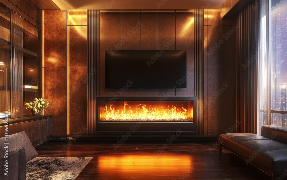 A cozy modern living room featuring a fireplace, television, and elegant decor, creating a warm atmosphere. A cozy modern living room featuring a fireplace, television, and elegant decor, creating a warm atmosphere.