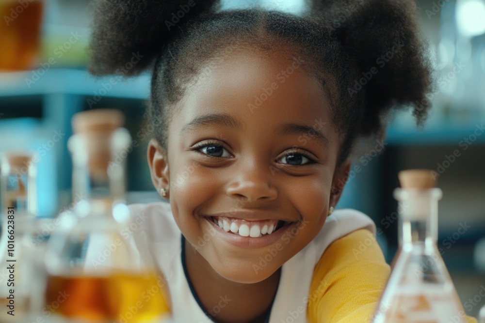 A young girl smiling in front of a table full of laboratory flasks, suitable for education and science-themed projects. A young girl smiling in front of a table full of laboratory flasks, suitable for education and science-themed projects.