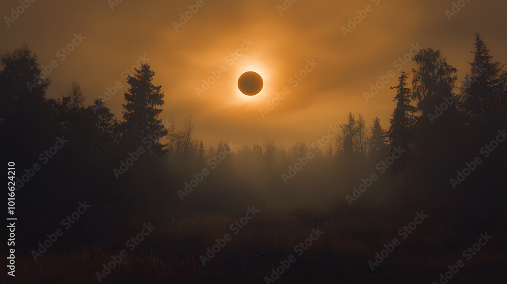 Fototapeta premium Solar eclipse in dark red glowing sky, mysterious natural phenomenon, astronomy event, moon darkening the sun