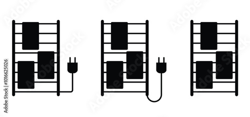 Bathroom radiator electric. House heating radiator. Hot heater. Smart consumption, energy concept. Towel dryer radiator with thermostat. Home heated towel rail set.