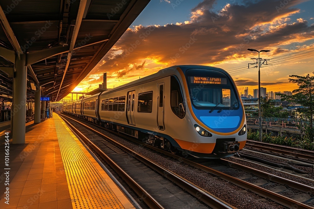 Naklejka premium A train pulls into a busy train station with passengers disembarking and others waiting to board.