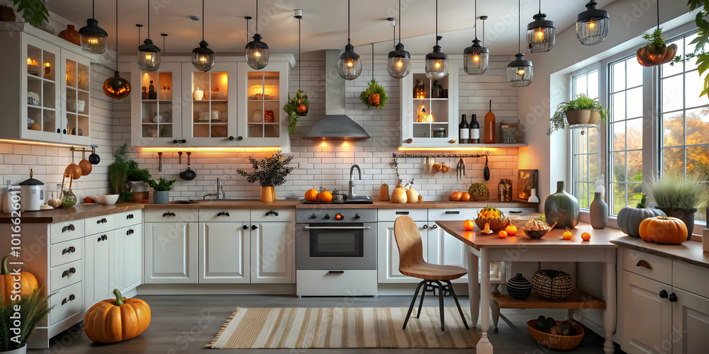 Autumnal Kitchen Haven: Warm lighting, rustic charm, and pumpkins galore create a cozy and inviting autumnal kitchen scene. Perfect for home decor, lifestyle, and seasonal content. Autumnal Kitchen Haven: Warm lighting, rustic charm, and pumpkins galore create a cozy and inviting autumnal kitchen scene. Perfect for home decor, lifestyle, and seasonal content.