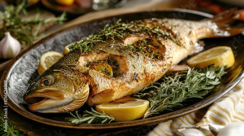 A whole roasted trout, stuffed with herbs and lemon slices, served on a platter with garnish.