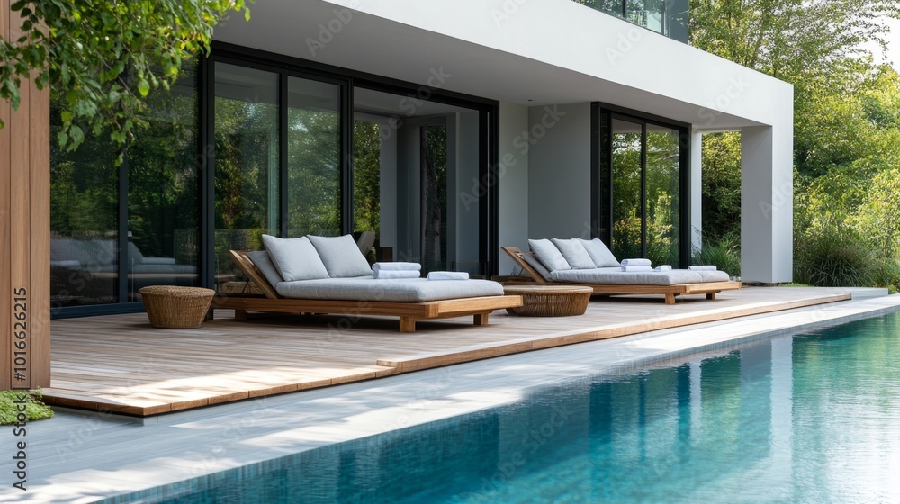 Fototapeta premium A modern timber poolside lounge area, offering comfort and elegance for leisurely relaxation