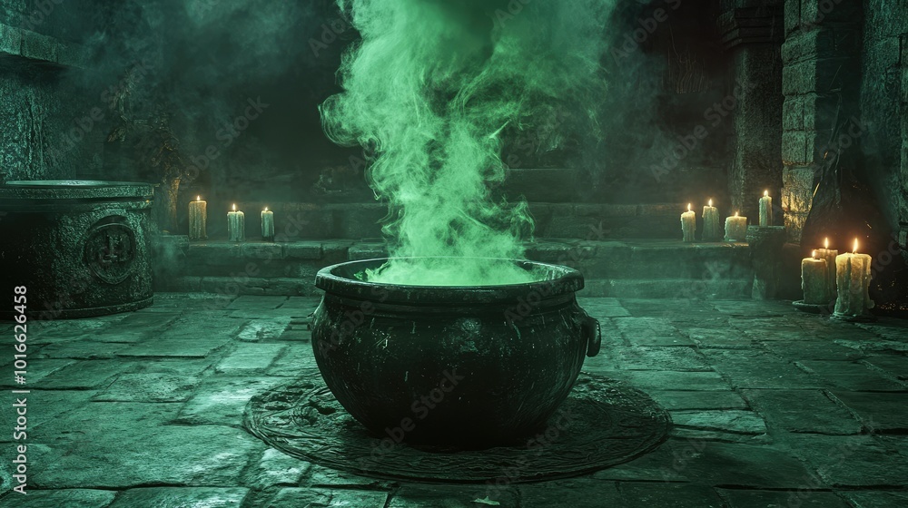 A witch cauldron bubbling over with green smoke, sitting on a stone floor surrounded by eerie candles. A witch cauldron bubbling over with green smoke, sitting on a stone floor surrounded by eerie candles.