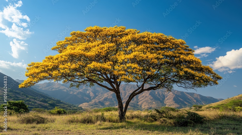 Obraz premium A beautiful acacia tree in bloom, with clusters of bright yellow flowers creating a picturesque scene of natural beauty