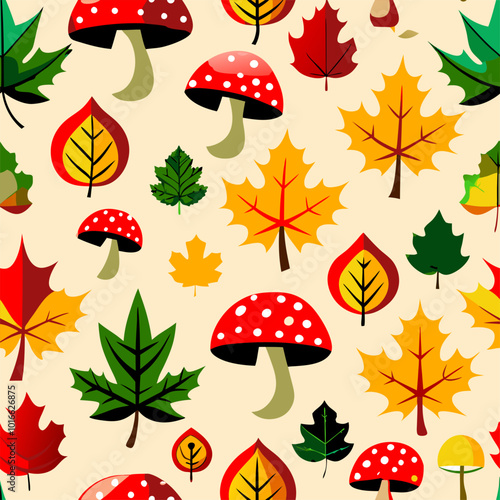 Seamless pattern. Autumn theme, mushrooms, leaves