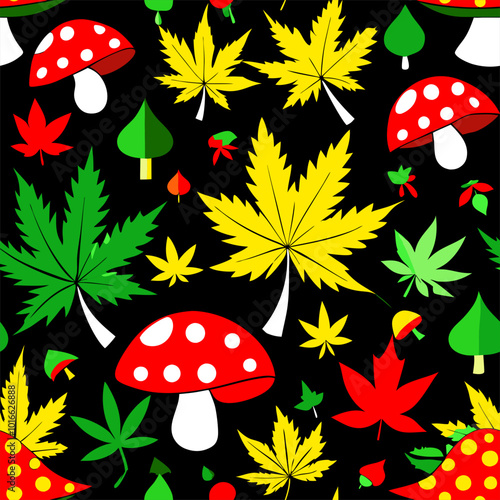 Seamless pattern. Autumn theme, mushrooms, leaves