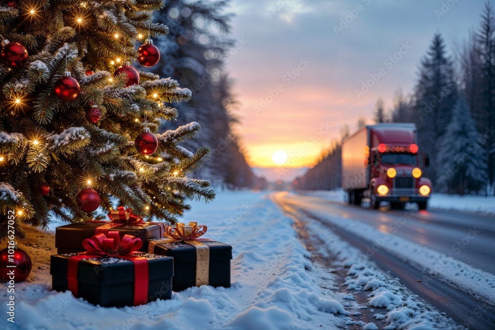 Snow-covered Christmas tree with red ornaments and presents by the roadside as a truck drives toward a winter sunrise.