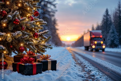 Obraz na płótnie Snow-covered Christmas tree with red ornaments and presents by the roadside as a truck drives toward a winter sunrise. w salonie