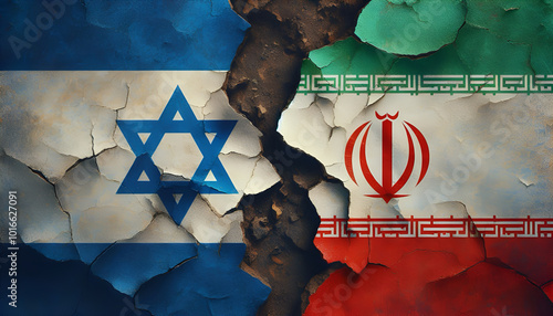 The flags of Israel and Iran, separated by a deep crack in the wall between them.