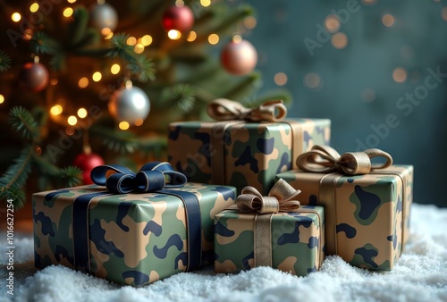 Obraz na płótnie Christmas gifts with military camouflage wrapping. w salonie