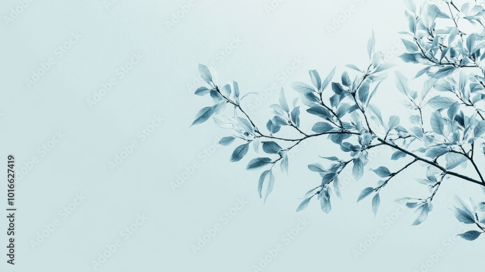 A beautifully isolated tree branch in soft blue tones, with fine details of the twigs and small leaves, set against a clean background A beautifully isolated tree branch in soft blue tones, with fine details of the twigs and small leaves, set against a clean background