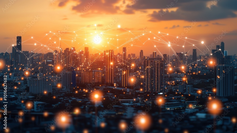 Fototapeta premium Smart City at Sunset: Interconnected Network and Technology