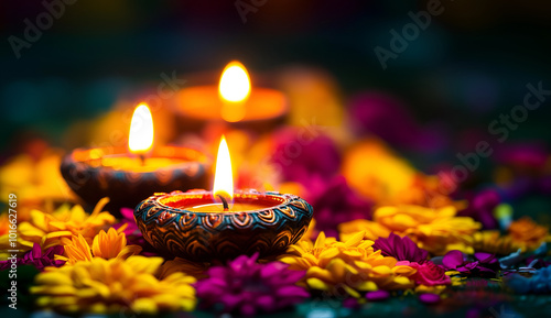 Diyas on the flowers in happy Diwali festival photo