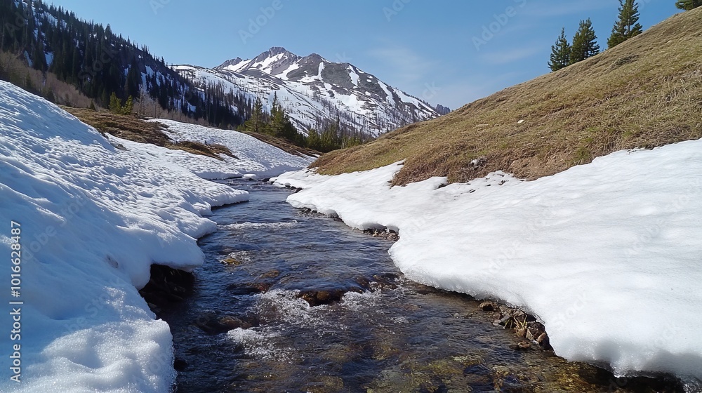 Scenic mountain landscape with a stream and snow patches. Scenic mountain landscape with a stream and snow patches.