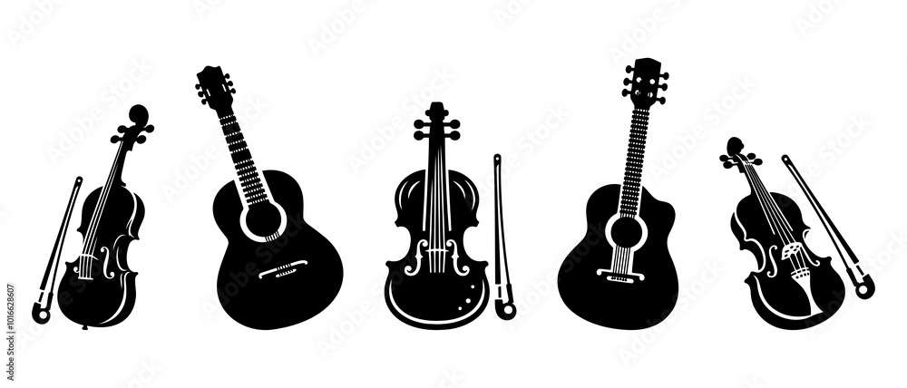Fototapeta premium Guitar and Violin silhouette black filled vector Illustration icon