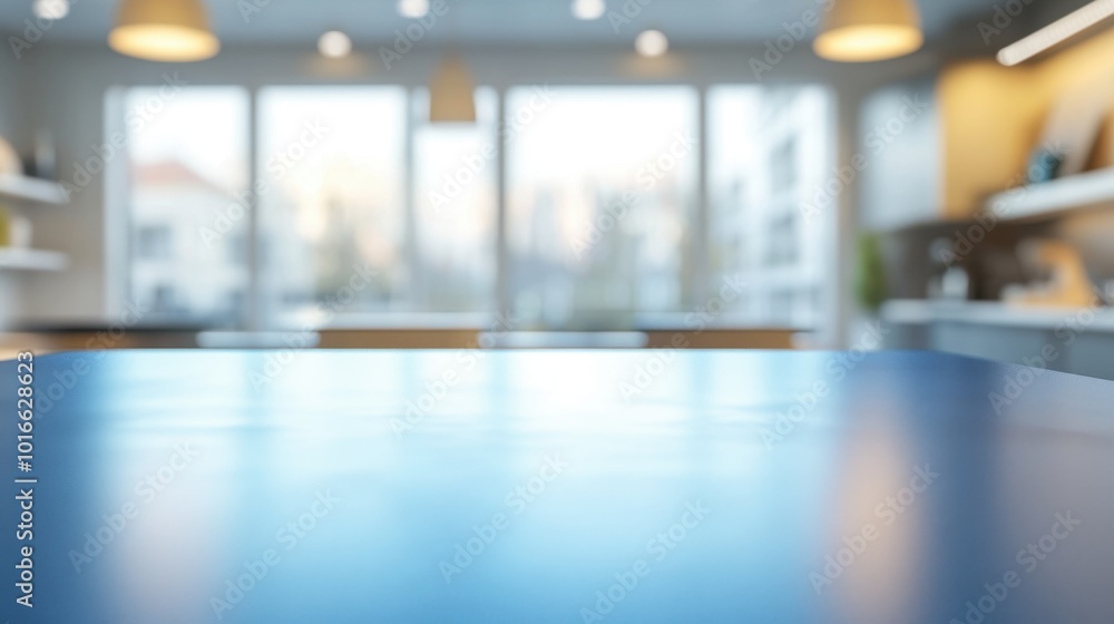 Fototapeta premium A bright kitchen featuring an empty blue countertop, with the interior blurred to focus on the surface, perfect for mockups or product displays