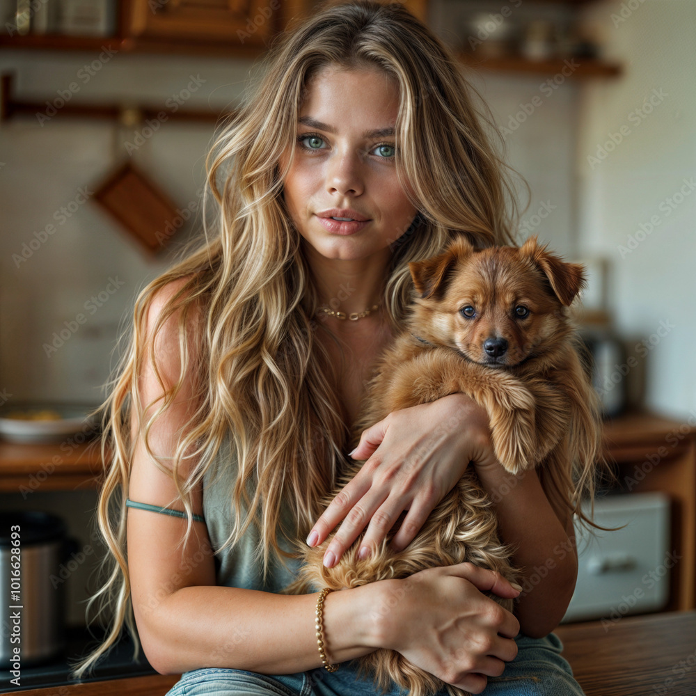 Young woman with long wavy hair holding a small dog in a cozy kitchen Young woman with long wavy hair holding a small dog in a cozy kitchen