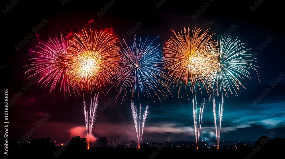 Stunning fireworks display lighting up the night sky with a mesmerizing show of vibrant colors bright lights and festive cheer to welcome the new year A captivating and of the holiday season Stunning fireworks display lighting up the night sky with a mesmerizing show of vibrant colors bright lights and festive cheer to welcome the new year A captivating and of the holiday season