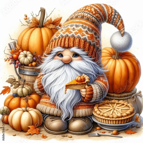 Whimsical gnome holding pie among pumpkins and autumn decor.