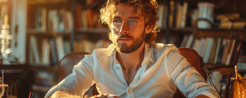 Handsome Man with Glasses Sitting in Cozy Library with Sunlight Streaming Through Window Handsome Man with Glasses Sitting in Cozy Library with Sunlight Streaming Through Window