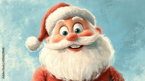 Cute Santa with exaggerated eyes and a big smile, standing in front of a pastel blue background.