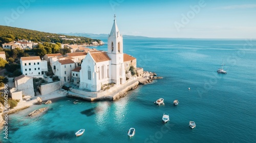 Wallpaper Mural Aerial view of a coastal village with a prominent church, surrounded by clear blue waters and small boats. The village is nestled among lush greenery. Torontodigital.ca