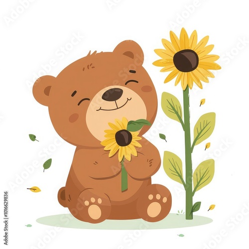 Smiling bear holding a sunflower. photo