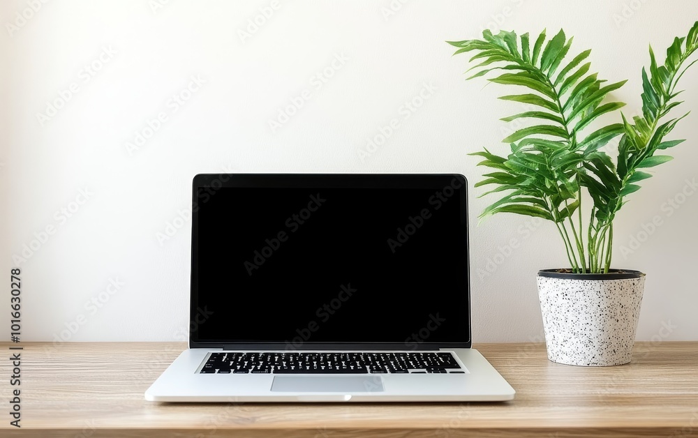 A minimalist workspace featuring a laptop and a potted plant on a wooden desk, promoting productivity and tranquility. A minimalist workspace featuring a laptop and a potted plant on a wooden desk, promoting productivity and tranquility.
