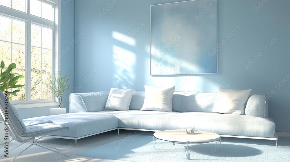 A chic, light blue living room with contemporary furniture and generative AI design accents, blending comfort with futuristic aesthetics A chic, light blue living room with contemporary furniture and generative AI design accents, blending comfort with futuristic aesthetics