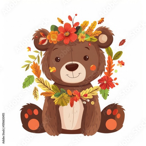 Cute bear with autumn leaves crown. photo