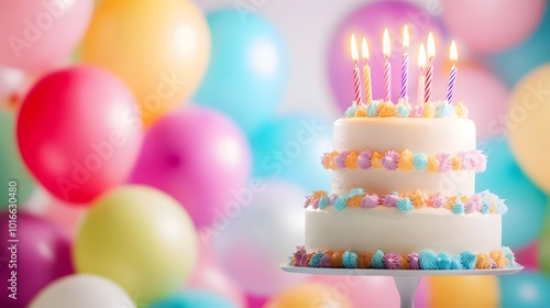 A Two-Tiered Birthday Cake with Lit Candles and a Bokeh Background of Balloons