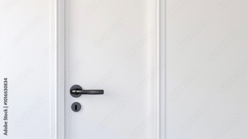 White door with black handle and keyhole. Minimalist interior design element. White door with black handle and keyhole. Minimalist interior design element.