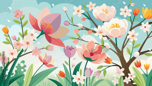 Vibrant Illustration of Blooming Spring Flowers