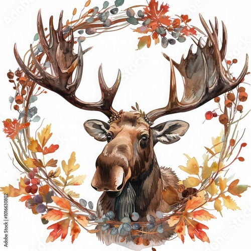 Moose head with autumn leaves wreath. photo