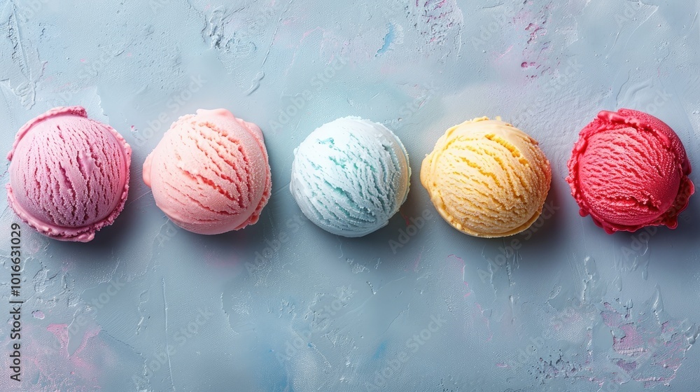 Five colorful scoops of ice cream arranged in a row on a blue background. Five colorful scoops of ice cream arranged in a row on a blue background.