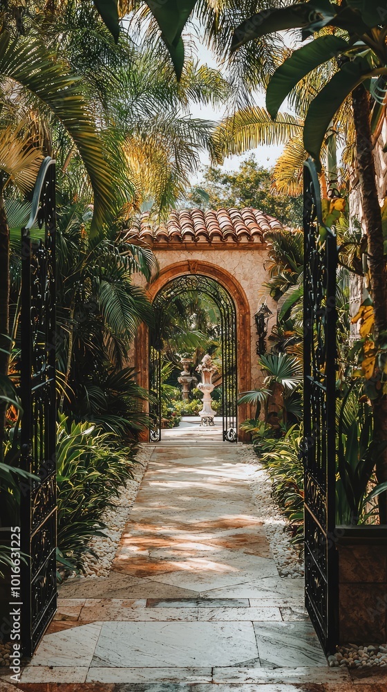 Fototapeta premium A beautiful garden pathway framed by lush greenery and elegant arches, inviting visitors to discover its hidden charm.