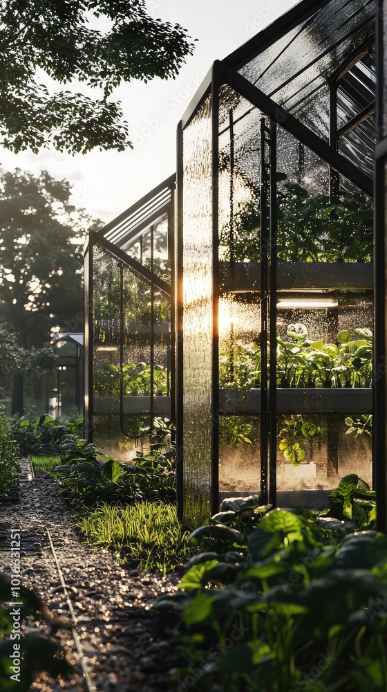 A beautiful greenhouse with vibrant plants, basking in sunlight, showcasing nature's harmony and sustainable growth. A beautiful greenhouse with vibrant plants, basking in sunlight, showcasing nature's harmony and sustainable growth.