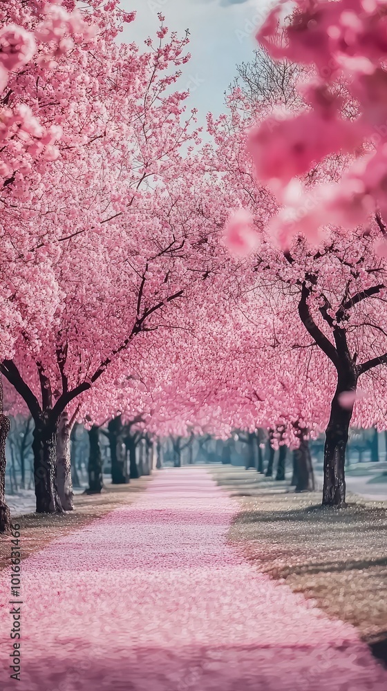 A beautiful pathway lined with blooming cherry blossom trees, creating a serene and picturesque scene in springtime. A beautiful pathway lined with blooming cherry blossom trees, creating a serene and picturesque scene in springtime.