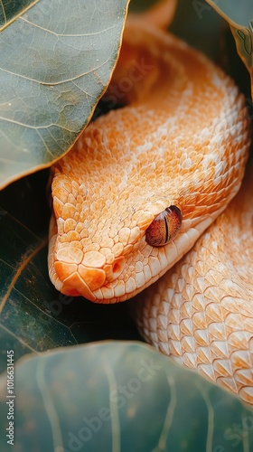 A beautiful orange snake blending into green leaves, showcasing nature's vibrant colors and intricate patterns in a serene habitat. photo