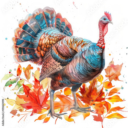 Watercolor illustration of autumn colorful turkey photo