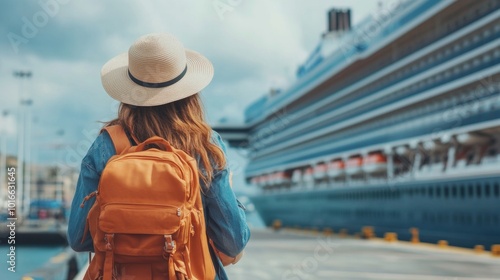 A tourist young woman with a hat and backpack looking at a cruise ship in port. Travel concept for young people traveling on vacation. with copy space