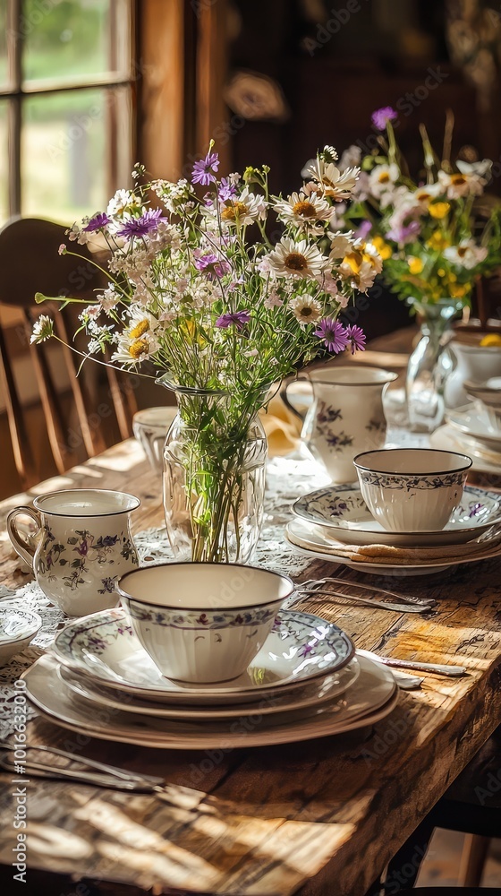 A beautifully set dining table featuring floral centerpieces and elegant dishware, perfect for a rustic gathering or special occasion. A beautifully set dining table featuring floral centerpieces and elegant dishware, perfect for a rustic gathering or special occasion.