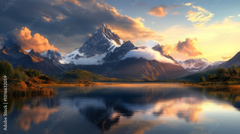 Fototapeta premium Majestic Mountain Peak Reflection in Calm Lake at Sunset