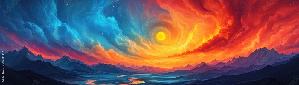 Fototapeta premium Vibrant sunset landscape with swirling clouds, glowing sun, and dramatic colors reflecting on a tranquil body of water.