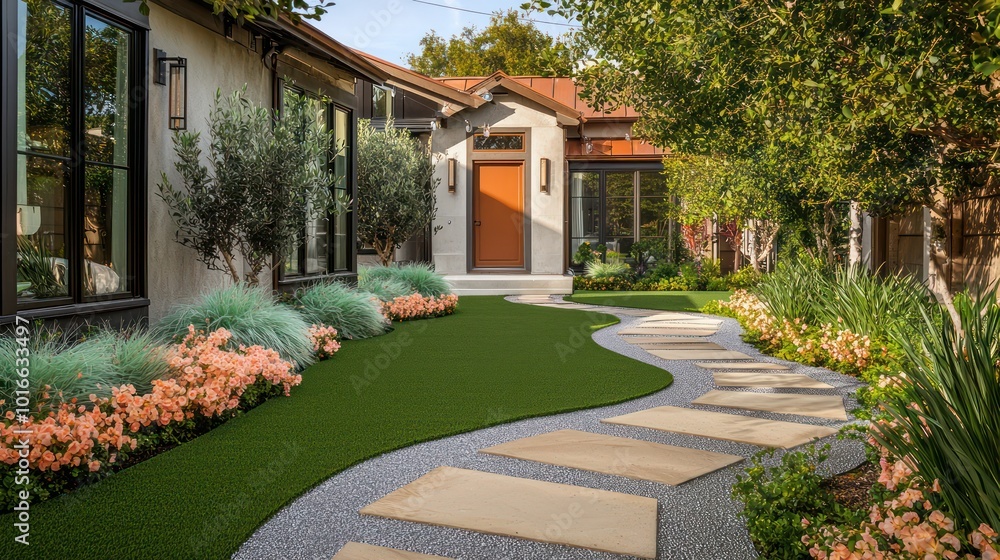 A chic front yard with silver artificial grass, a path of tan cobblestones to a rust-colored door, surrounded by mint trees and peach flowers The home has slate windows and a bronze roof